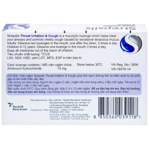 Viên ngậm Strepsils Throat Irritation & Cough Reckitt Benckiser giúp làm sạch đường thở và kiểm soát ho (2 vỉ x 12 viên)