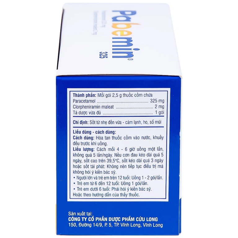 Cốm Pabemin 325 Pharimexco điều trị sốt từ nhẹ đến vừa, cảm lạnh, ho, sổ mũi (30 gói)