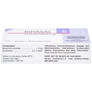 Thuốc Bihasal 5mg Hasan điều trị tăng huyết áp, đau thắt ngực, suy tim mạn tính ổn định (5 vỉ x 10 viên)