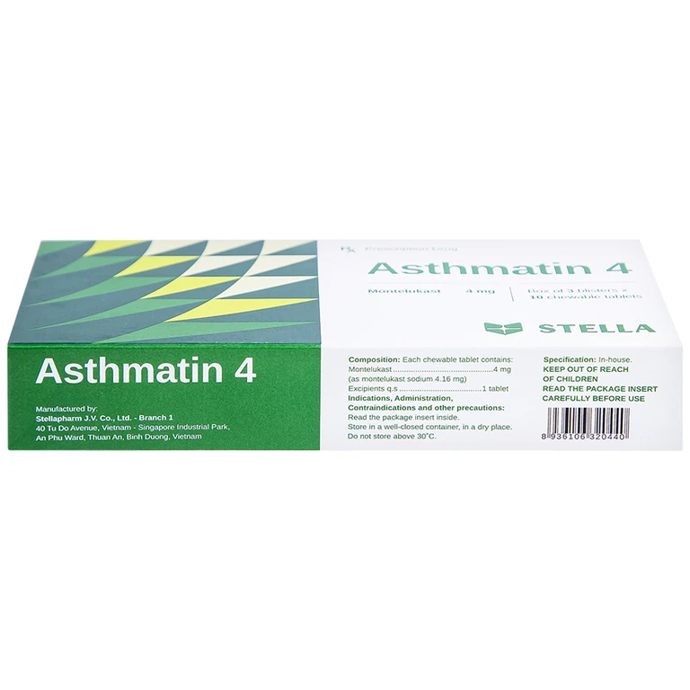 Viên nhai Asthmatin 4 Stella phòng và điều trị hen suyễn, giảm viêm mũi dị ứng (3 vỉ x 10 viên)