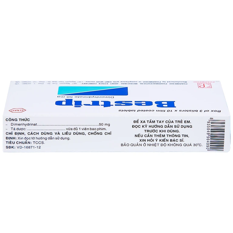 Thuốc Bestrip 50mg Pharmedic phòng và điều trị các chứng buồn nôn do say tàu xe (3 vỉ x 10 viên)