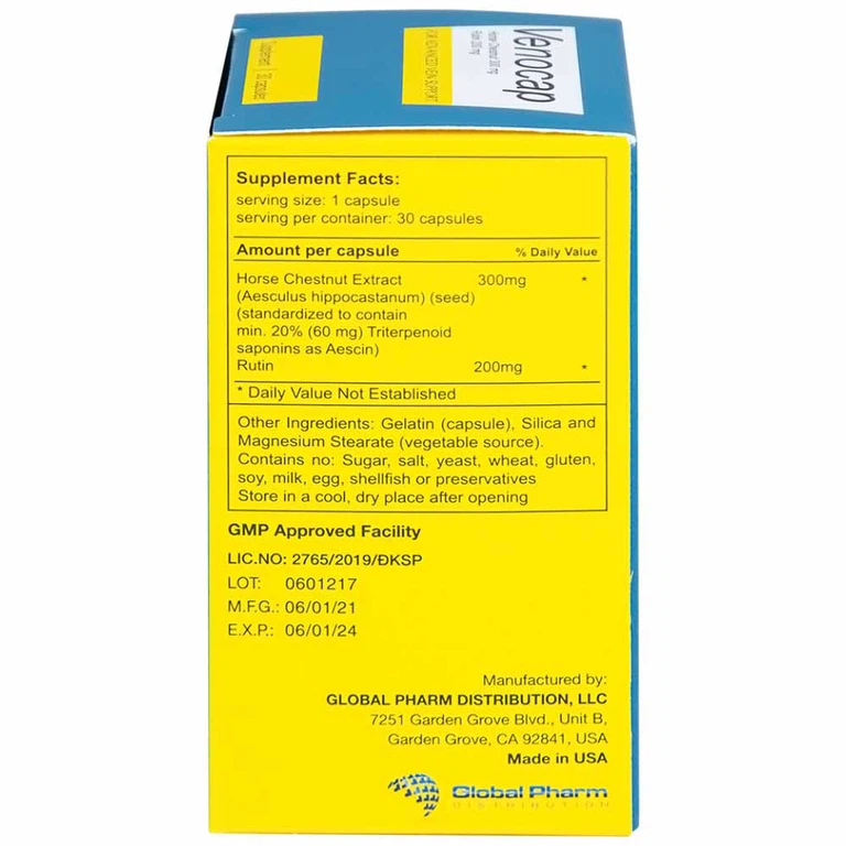 Viên uống Venocap Global Pharm giúp cải thiện các triệu chứng suy giãn tính mạch (30 viên)