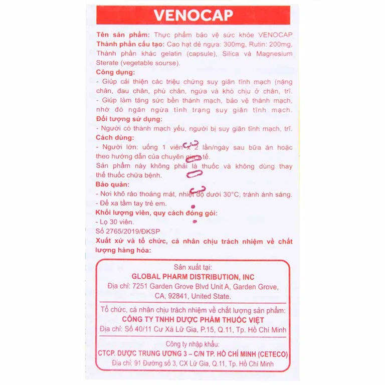 Viên uống Venocap Global Pharm giúp cải thiện các triệu chứng suy giãn tính mạch (30 viên)