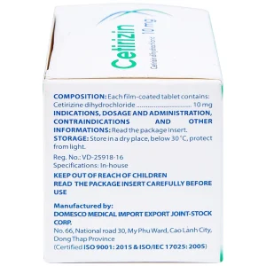 Thuốc Cetirizin 10mg Domesco điều trị viêm mũi dị ứng, mày đay (10 vỉ x 10 viên)