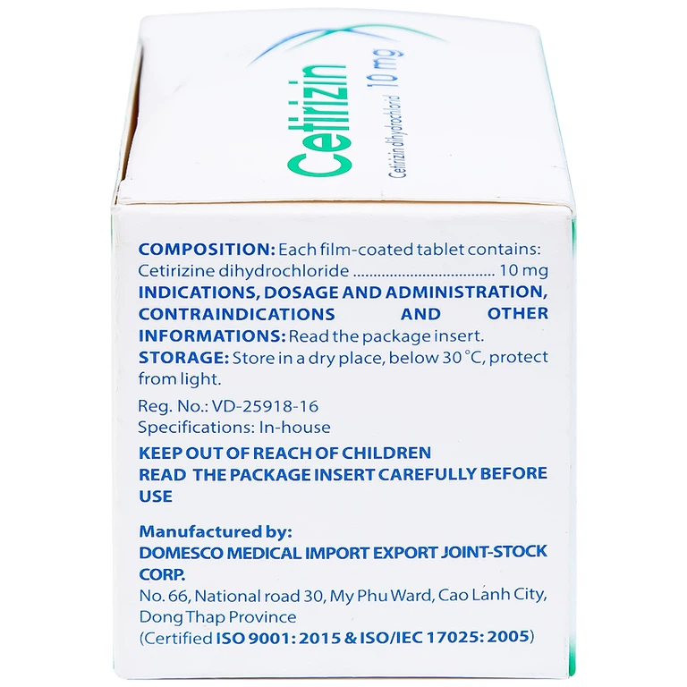 Thuốc Cetirizin 10mg Domesco điều trị viêm mũi dị ứng, mày đay (10 vỉ x 10 viên)
