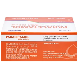 Viên nén Paracetamol Imex 325mg giảm nhức đầu, nhức răng, đau nhức bắp thịt (10 vỉ x 10 viên)