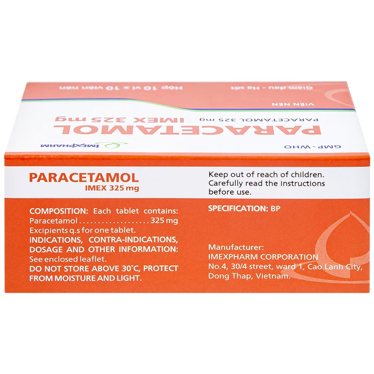 Viên nén Paracetamol Imex 325mg giảm nhức đầu, nhức răng, đau nhức bắp thịt (10 vỉ x 10 viên)