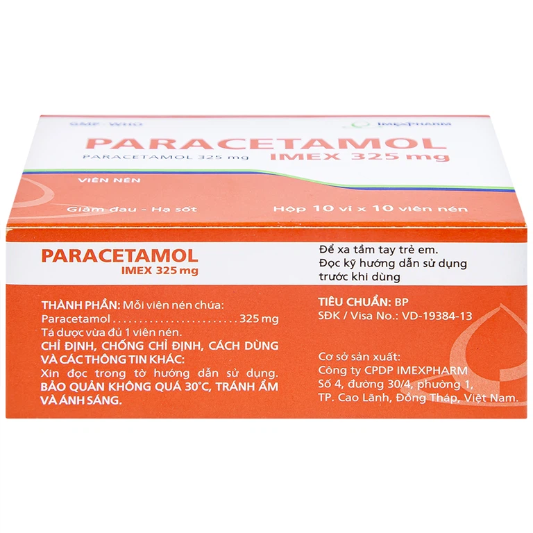Viên nén Paracetamol Imex 325mg giảm nhức đầu, nhức răng, đau nhức bắp thịt (10 vỉ x 10 viên)