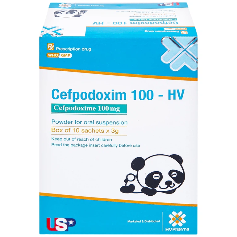 Bột pha hỗn dịch uống Cefpodoxim 100-HV USP điều trị nhiễm khuẩn (10 gói x 3g)