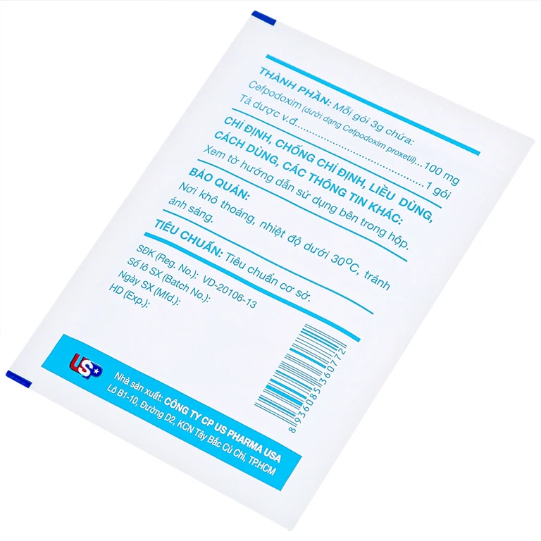 Bột pha hỗn dịch uống Cefpodoxim 100-HV USP điều trị nhiễm khuẩn (10 gói x 3g)