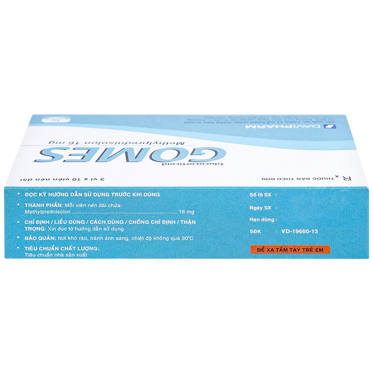 Thuốc Gomes 16mg Davipharm kháng viêm, điều trị viêm khớp dạng thấp, lupus ban đỏ hệ thống (3 vỉ x 10 viên)