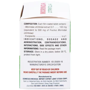 Thuốc Morinda Citrifolia Domesco điều trị đau nhức, sưng khớp, tăng huyết áp (50 viên)