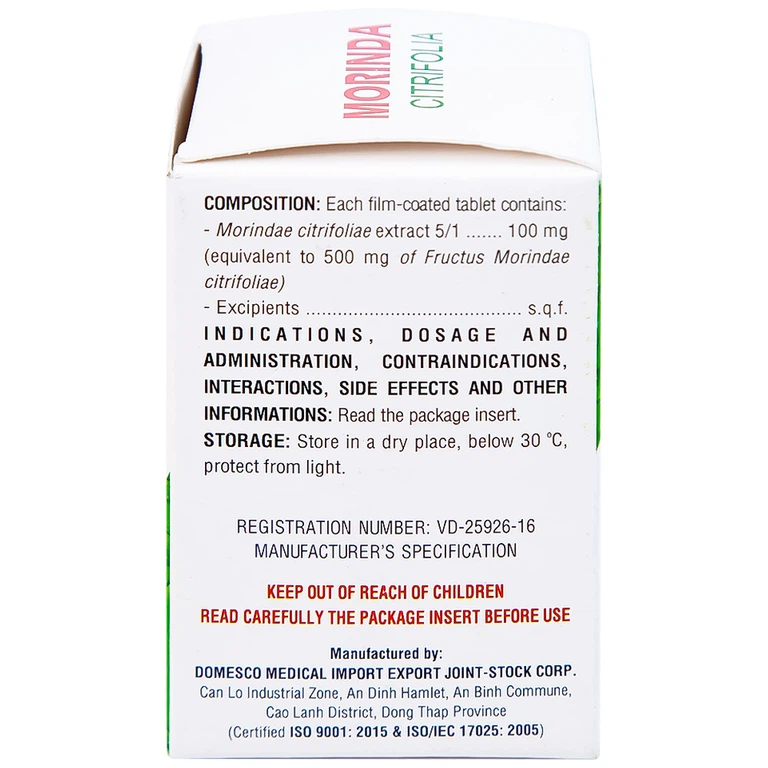 Thuốc Morinda Citrifolia Domesco điều trị đau nhức, sưng khớp, tăng huyết áp (50 viên)