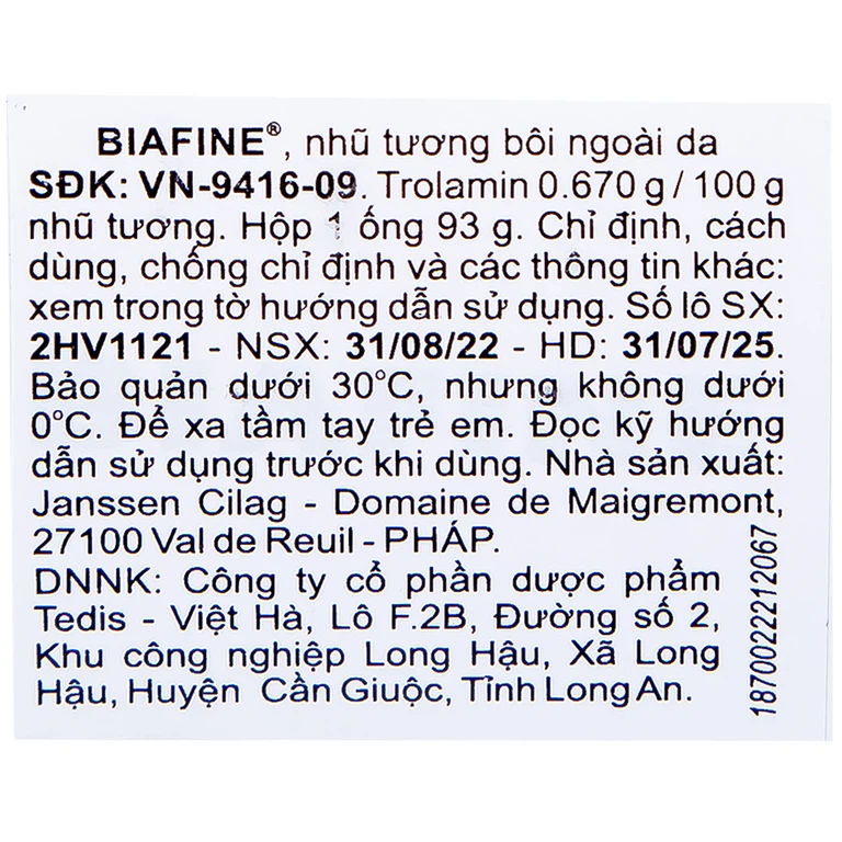 Nhũ tương Biafine Janssen điều trị bỏng độ 1, độ 2, các vết thương ngoài da không nhiễm trùng (93g)
