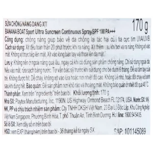 Sữa chống nắng dạng xịt Banana Boat Sport Ultra Suncreen Continuos Spray SPF 100 PA++++ (170g)