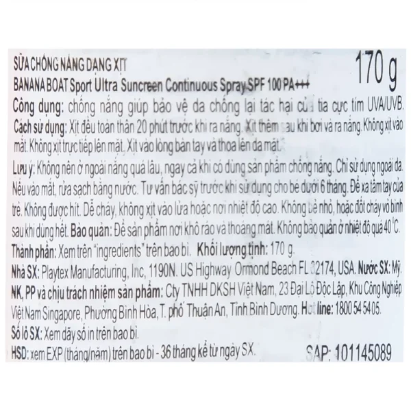 Sữa chống nắng dạng xịt Banana Boat Sport Ultra Suncreen Continuos Spray SPF 100 PA++++ (170g)