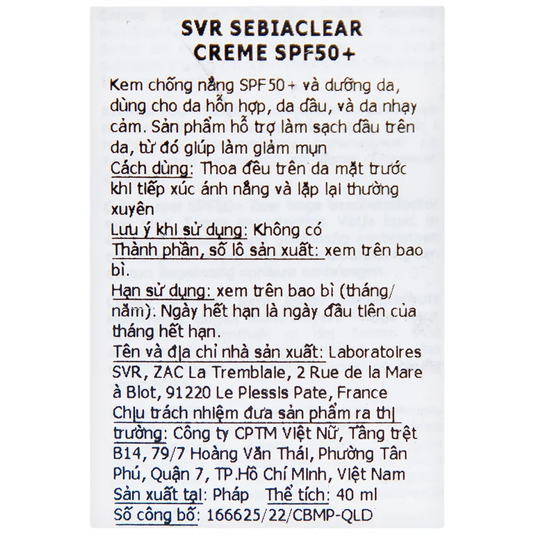 Kem chống nắng SVR Sebiaclear Creme SPF50+ dưỡng da dùng cho da hỗn hợp, da dầu và da nhạy cảm (40ml)