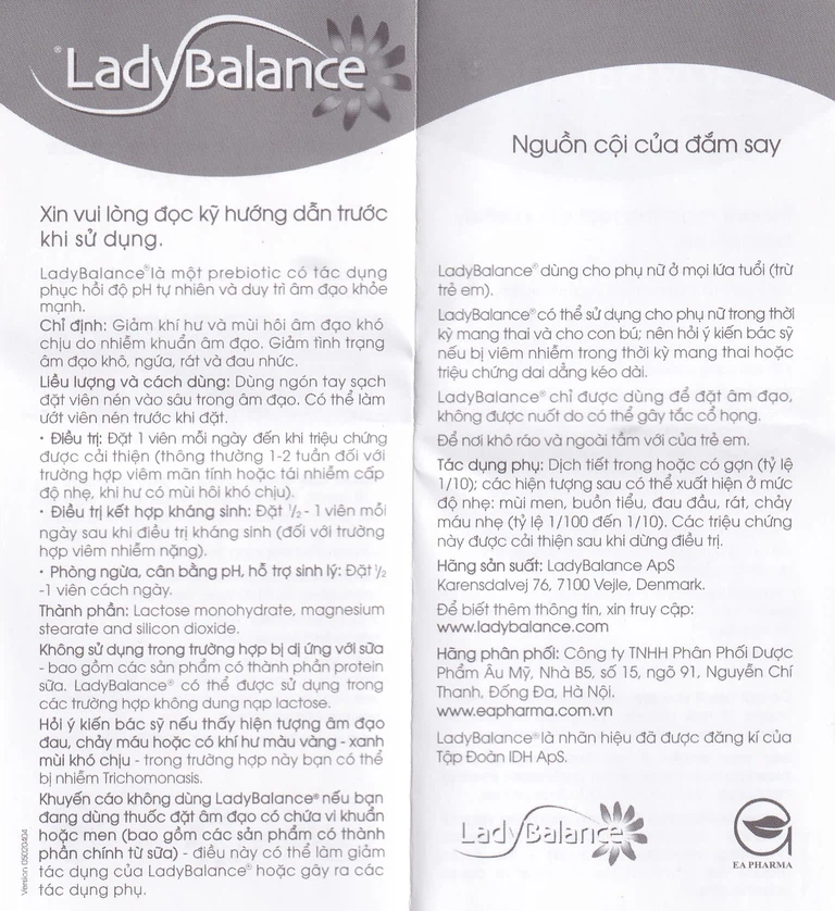 Viên đặt âm đạo LadyBalance giảm khí hư và mùi hôi âm đạo do nhiễm khuẩn âm đạo (1 vỉ x 12 viên)