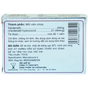 Thuốc Levina 20mg Cophavina điều trị rối loạn chức năng cương dương (1 vỉ x 4 viên)