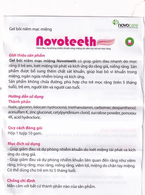Gel bôi niêm mạc miệng Novoteeth 10g Novocare giảm đau, dự phòng nhiễm khuẩn răng miệng do trẻ mọc răng