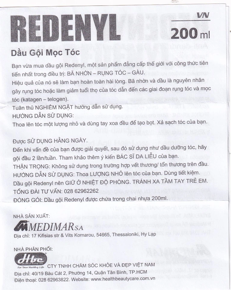 Dầu gội Redenyl Medimar dùng để trị gàu, viêm da tiết bã nhờn, ngăn ngừa rụng tóc (200ml)