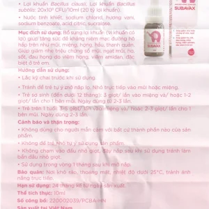 Nhỏ mũi họng lợi khuẩn Subavax 10ml Á Âu tăng sức đề kháng niêm mạc đường hô hấp trên