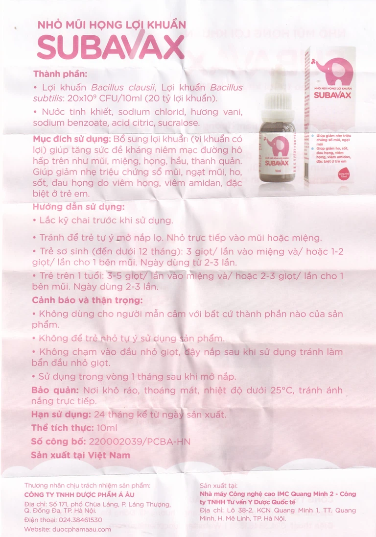 Nhỏ mũi họng lợi khuẩn Subavax 10ml Á Âu tăng sức đề kháng niêm mạc đường hô hấp trên