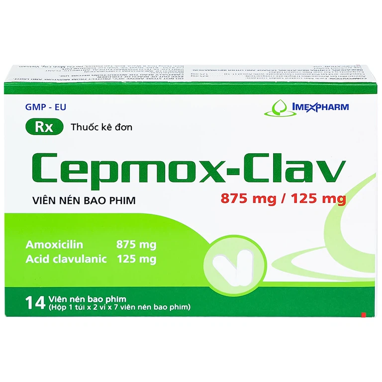 Thuốc Cepmox-Clav 875mg/125mg Imexpharm điều trị viêm xoang cấp tính do vi khuẩn, viêm tai giữa cấp tính (2 vỉ x 7 viên)