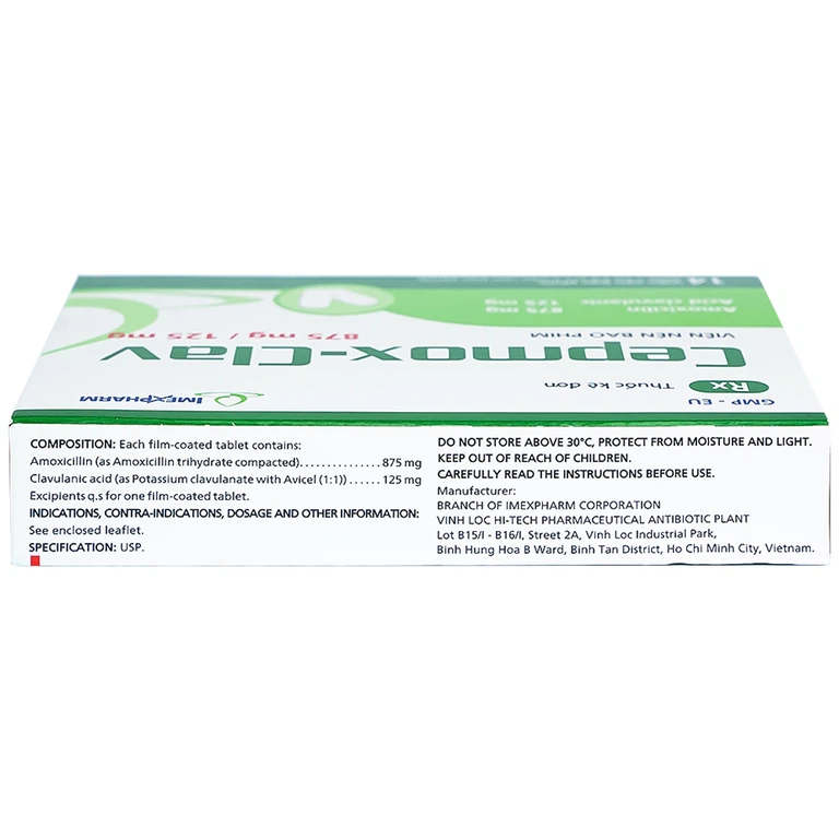 Thuốc Cepmox-Clav 875mg/125mg Imexpharm điều trị viêm xoang cấp tính do vi khuẩn, viêm tai giữa cấp tính (2 vỉ x 7 viên)