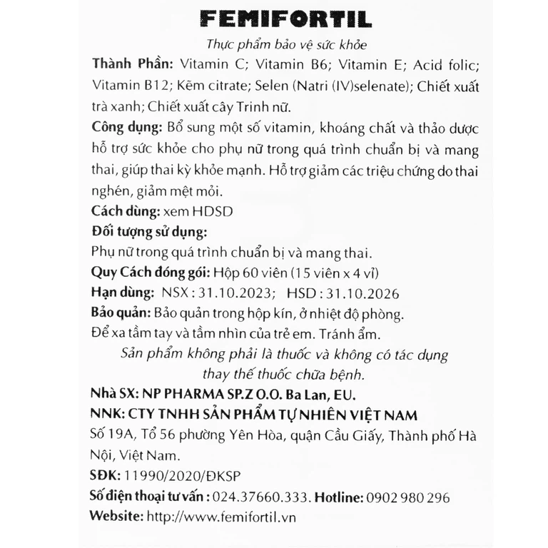 Viên uống Femifortil NP Pharma bổ sung Vitamin, khoáng chất và thảo dược cho phụ nữ mang thai (4 vỉ x 15 viên)