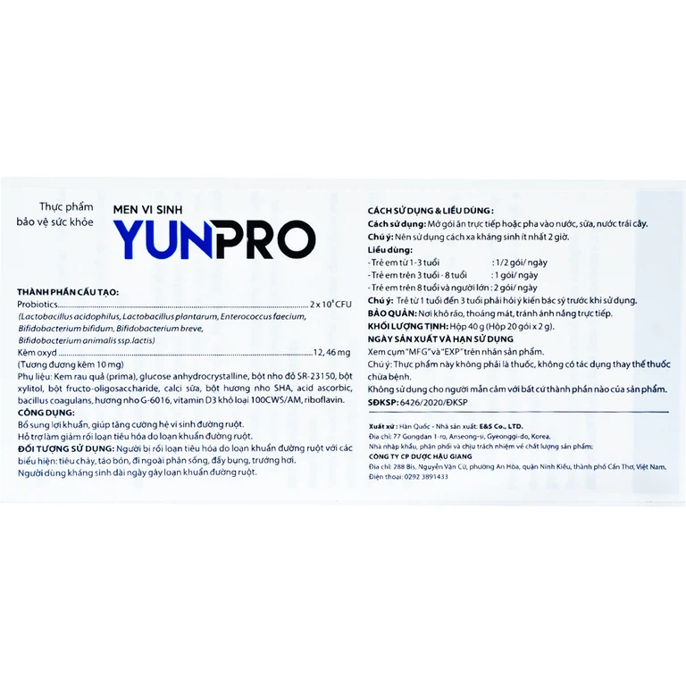Men vi sinh Yunpro 2g DHG Pharma cân bằng hệ vi sinh đường ruột, giảm rối loạn tiêu hóa (20 gói)