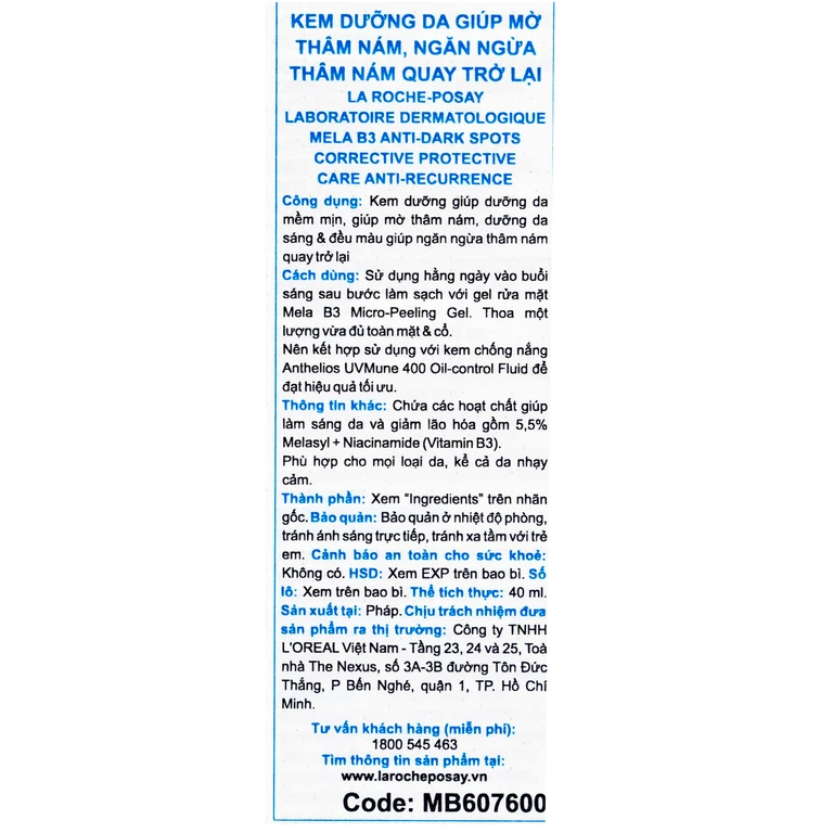 Kem dưỡng La Roche-Posay Mela B3 Cream SPF 30 dưỡng da mềm mịn, mờ thâm nám, dưỡng da sáng và đều màu