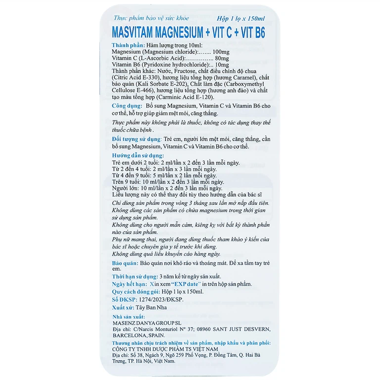 Dung dịch Masvitam Magnesium + Vit C + Vic B6 150ml bổ sung Magnesium, Vitamin C và Vitamin B6 cho cơ thể