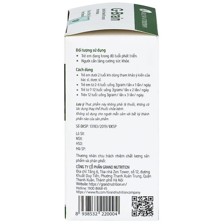 Cốm Trí Não G-Brain 3g Grand Nutrition bổ sung DHA và các vitamin hỗ trợ phát triển não bộ cho trẻ (30 gói)