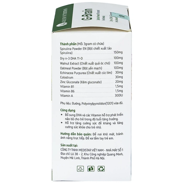 Cốm Trí Não G-Brain 3g Grand Nutrition bổ sung DHA và các vitamin hỗ trợ phát triển não bộ cho trẻ (30 gói)