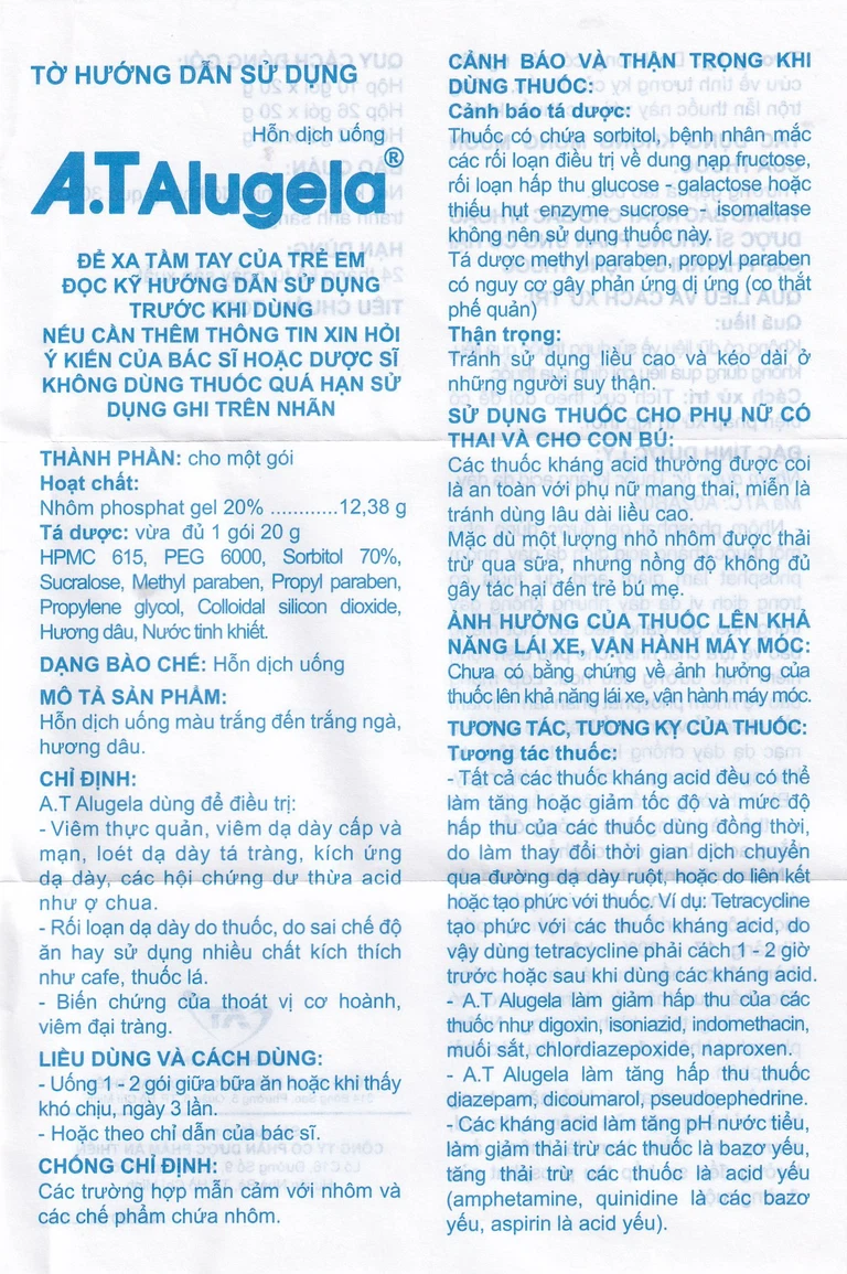 Hỗn dịch thuốc A.T Alugela An Thiên điều trị viêm thực quản, viêm dạ dày cấp và mạn tính (26 gói x 20g)