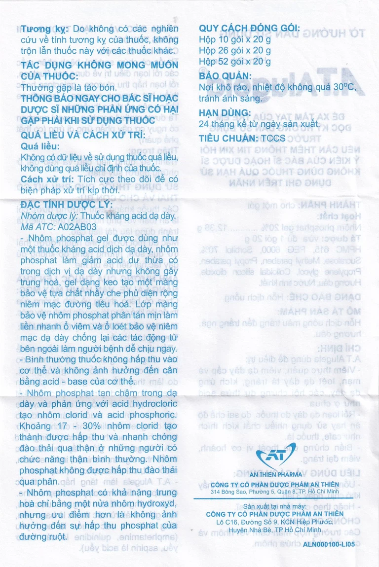 Hỗn dịch thuốc A.T Alugela An Thiên điều trị viêm thực quản, viêm dạ dày cấp và mạn tính (26 gói x 20g)