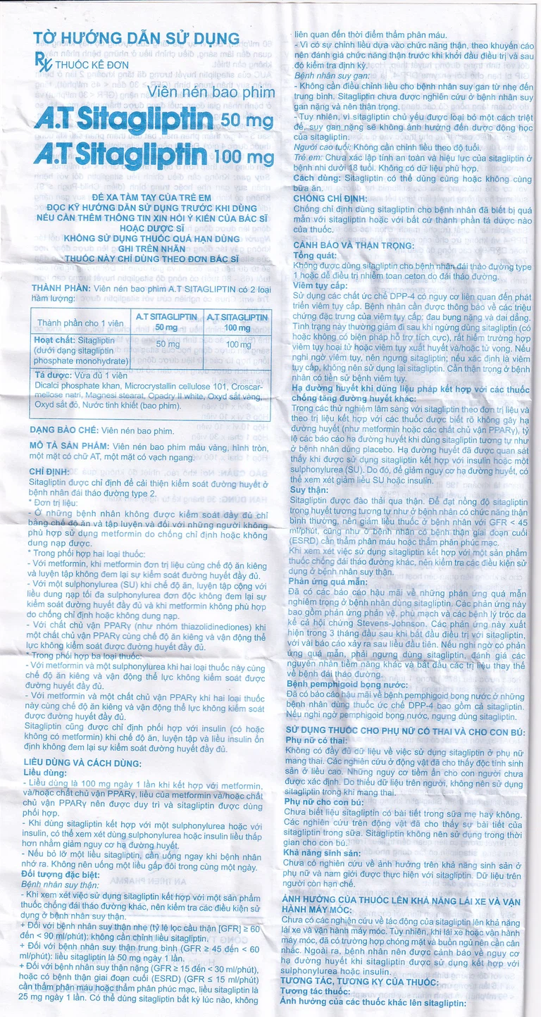Thuốc A.T Sitagliptin 100 mg An Thiên cải thiện kiểm soát đường huyết (3 vỉ x 10 viên)