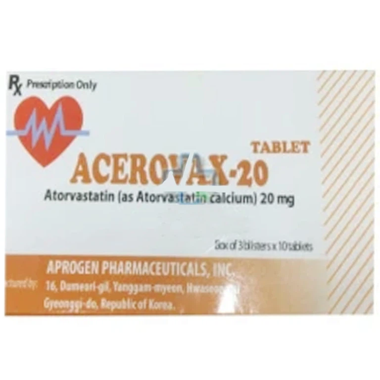 Thuốc Acerovax-20 điều trị giảm cholesterol toàn phần, rối loạn betalipoprotein máu (3 vỉ x 10 viên)