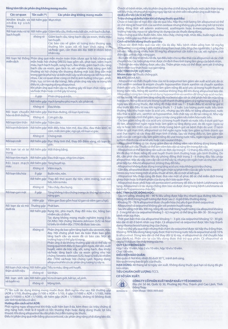 Thuốc Allopurinol 300mg Domesco điều trị tăng acid uric máu, sỏi thận (2 vỉ x 10 viên)