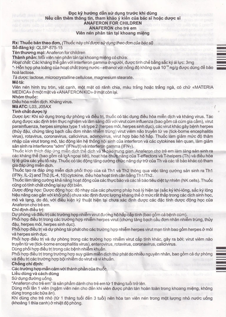 Thuốc Anaferon For Children Materia điều trị và dự phòng nhiễm virus (1 vỉ x 20 viên)
