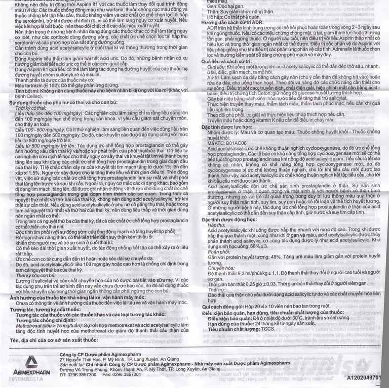 Thuốc Aspirin 81 Agimexpharm phòng ngừa nhồi máu cơ tim, đột quỵ (20 vỉ x 10 viên)
