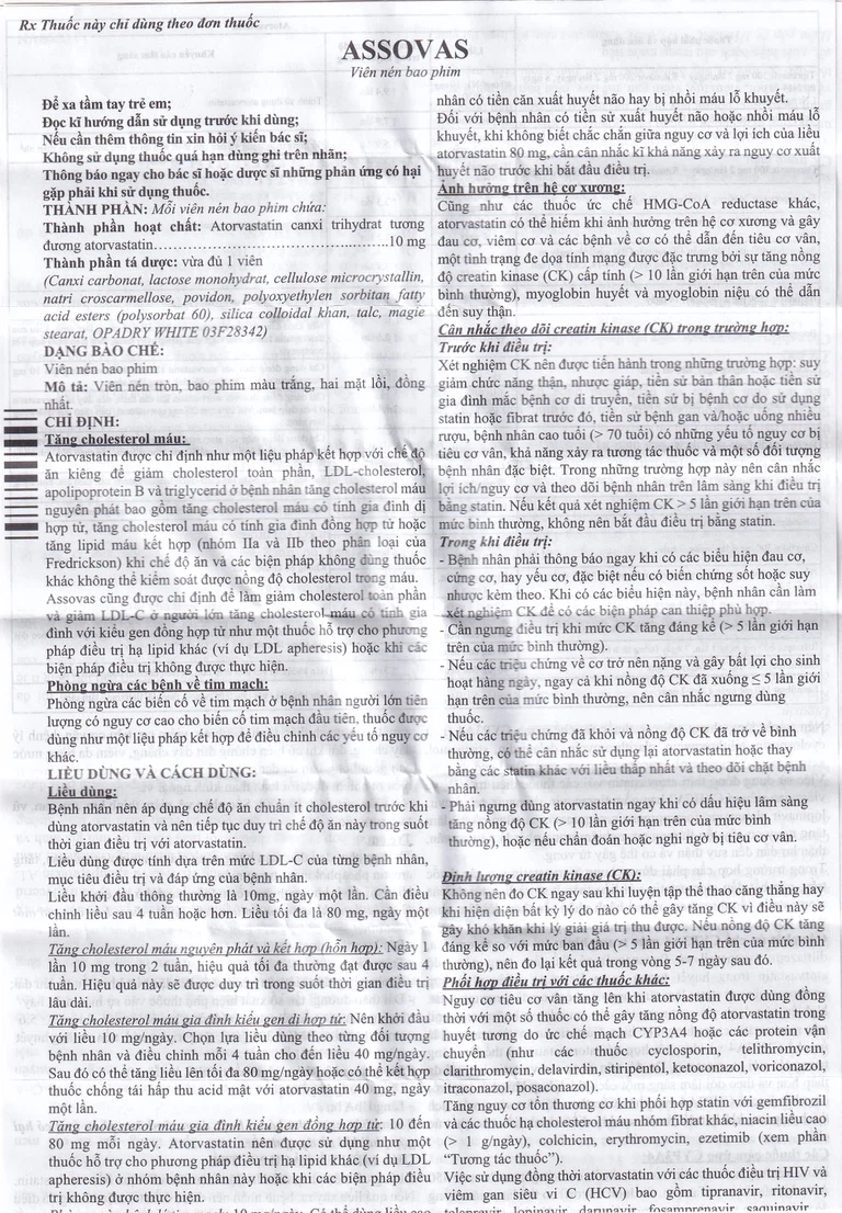 Thuốc Assovas 10mg Assopharma điều trị tăng cholesterol máu nguyên phát (3 vỉ x 10 viên)
