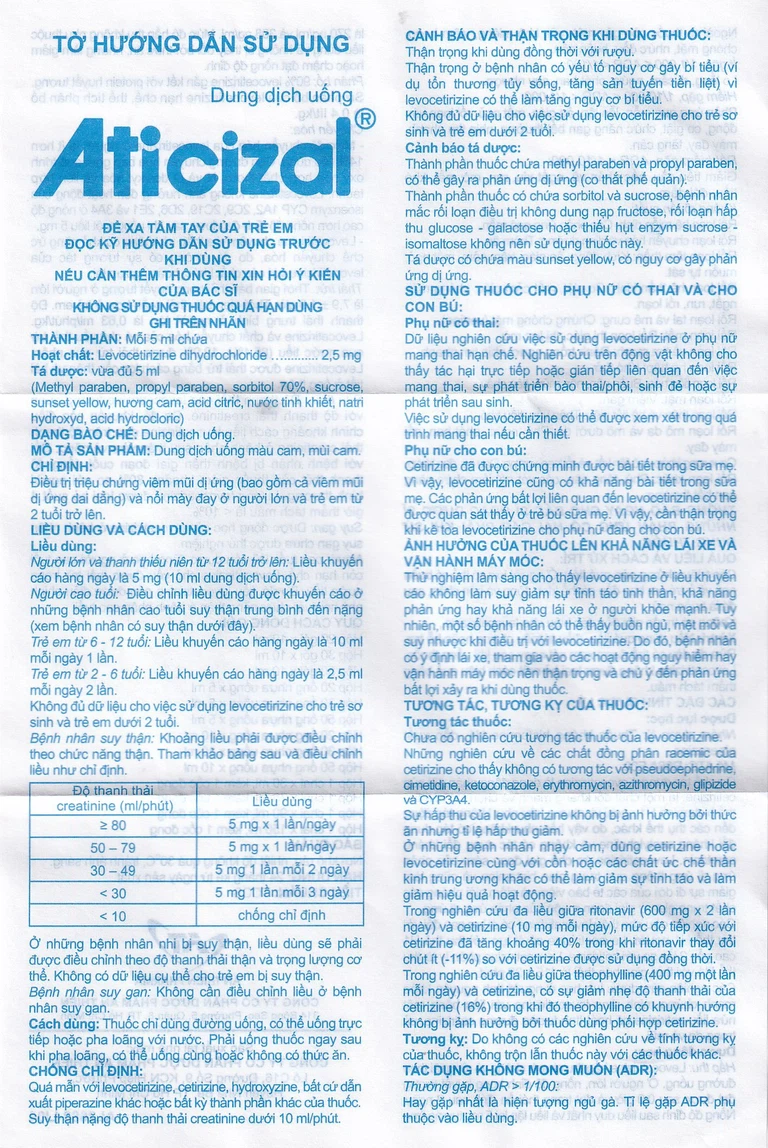 Dung dịch uống Aticizal 2,5mg/5ml An Thiên điều trị triệu chứng viêm mũi dị ứng (90ml)