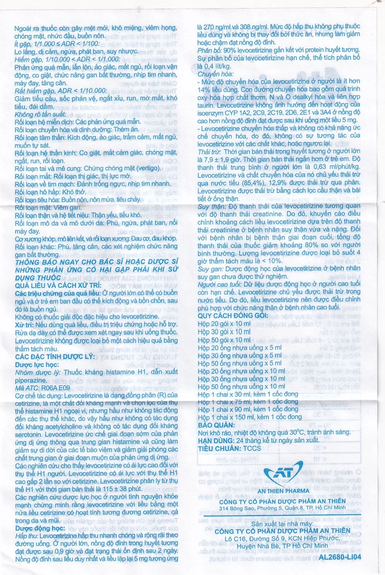 Dung dịch uống Aticizal 2,5mg/5ml An Thiên điều trị triệu chứng viêm mũi dị ứng (90ml)