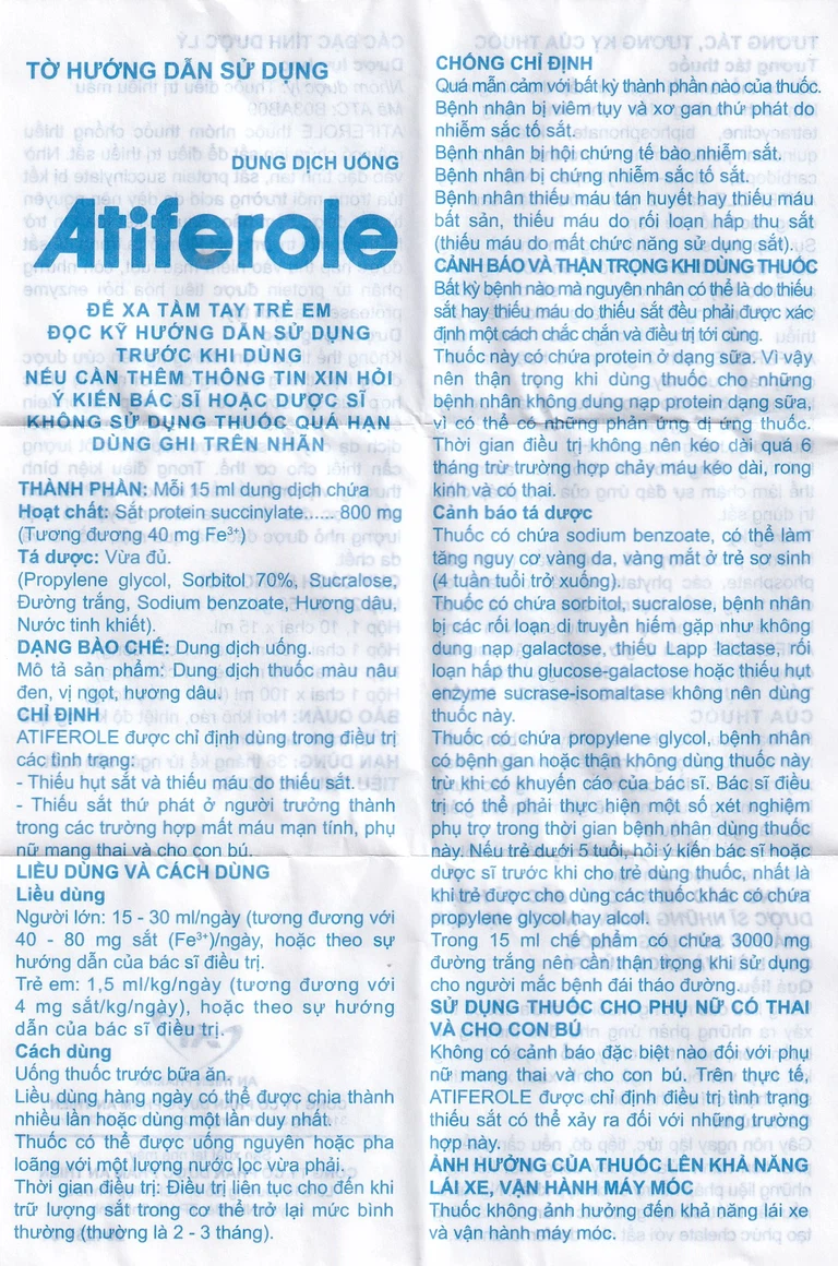 Dung dịch uống Atiferole 800mg/15ml An Thiên điều trị tình trạng thiếu hụt sắt và thiếu máu