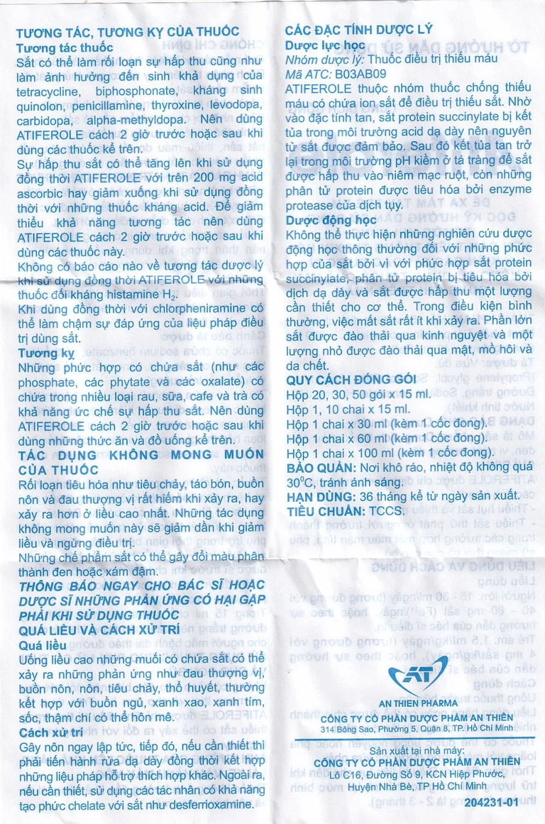 Dung dịch uống Atiferole 800mg/15ml An Thiên điều trị tình trạng thiếu hụt sắt và thiếu máu