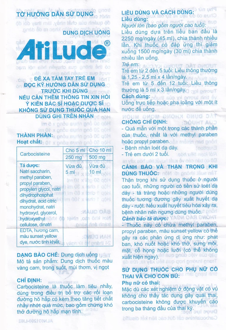 Dung dịch uống AtiLude 250mg/5ml An Thiên tiêu nhầy, rối loạn đường hô hấp (6 vỉ x 5 ống x 5ml)