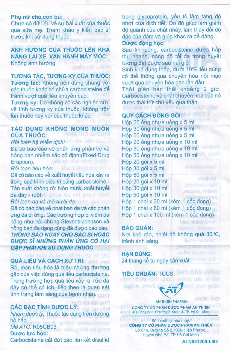 Dung dịch uống AtiLude 250mg/5ml An Thiên tiêu nhầy, rối loạn đường hô hấp (6 vỉ x 5 ống x 5ml)