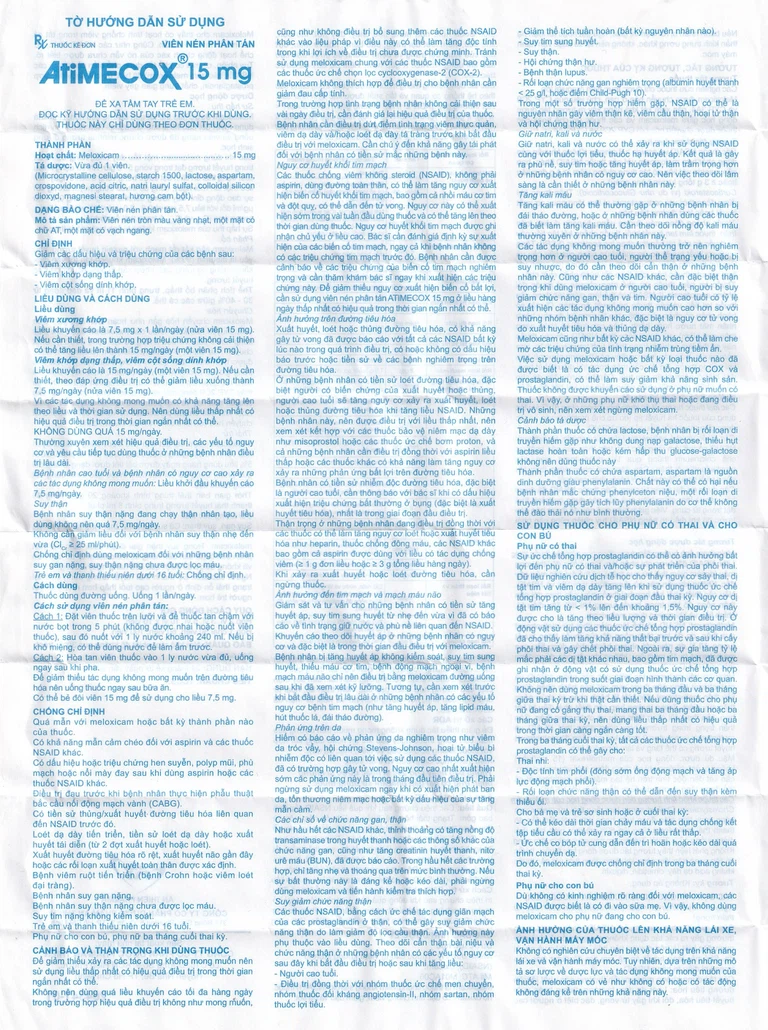 Thuốc Atimecox 15mg An Thiên giảm các dấu hiệu và triệu chứng của viêm xương khớp (3 vỉ x 10 viên)